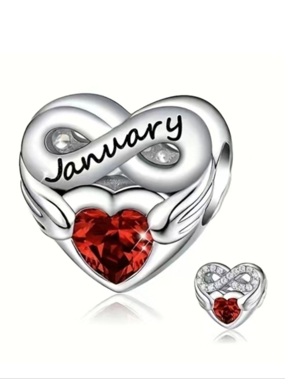 January Birthstone Charm With Red Heart, Back - clear rhinestones and red heart